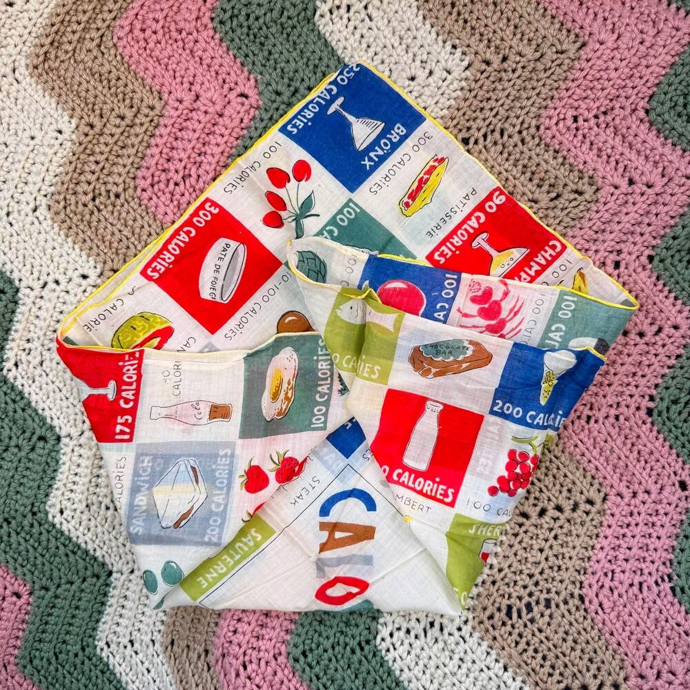 Vintage 1950s Calorie Counter Novelty Handkerchief Food Drink Chart Cotton Art